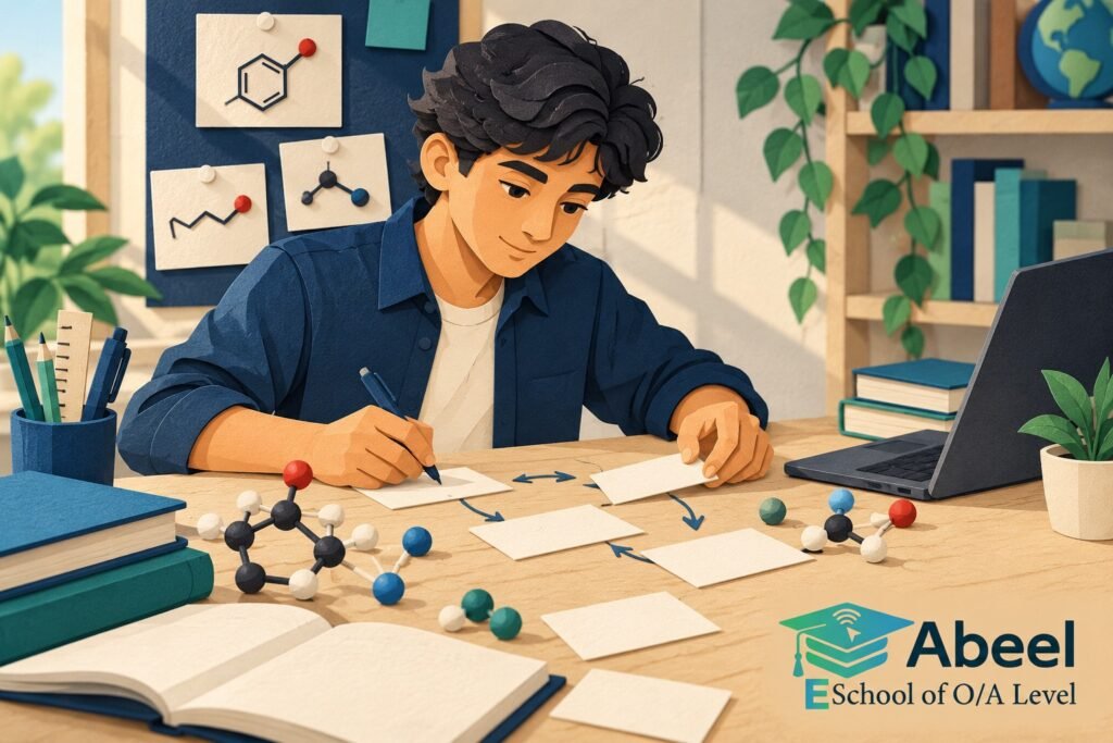 Paper-cut study illustration accompanying A Level Chemistry organic reactions in Chaman: Make Each Reaction Arrow State a Transformation