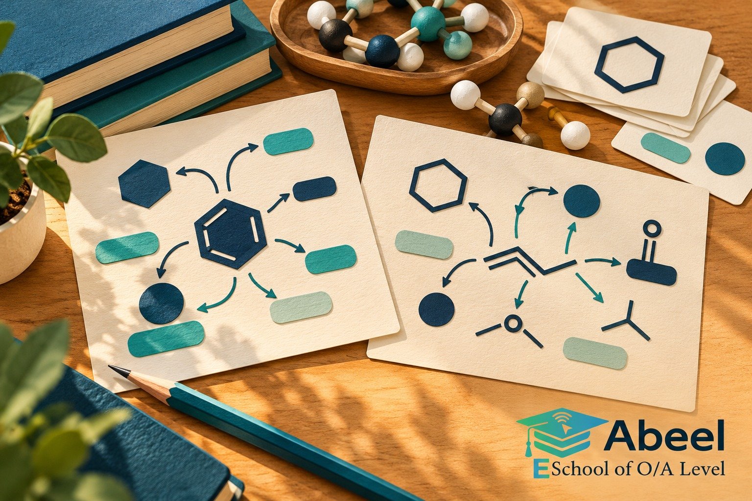 Paper-cut study illustration accompanying A Level Chemistry organic reactions in Chaman: Make Each Reaction Arrow State a Transformation
