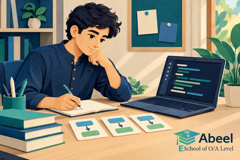 Paper-cut study illustration accompanying Computer Science algorithm tracing in Sibi: Trace State Changes Before Writing the Algorithm