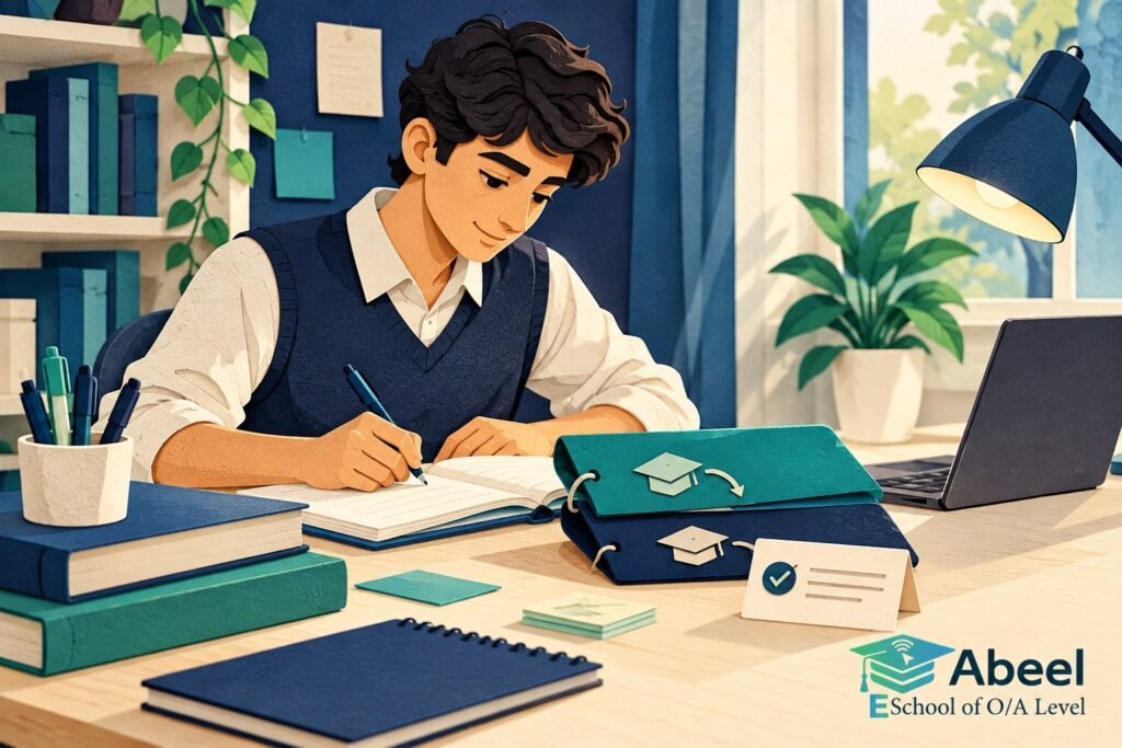 Paper-cut study illustration accompanying AS to A2 study planning in Zhob: Repair an AS Dependency Without Abandoning A2