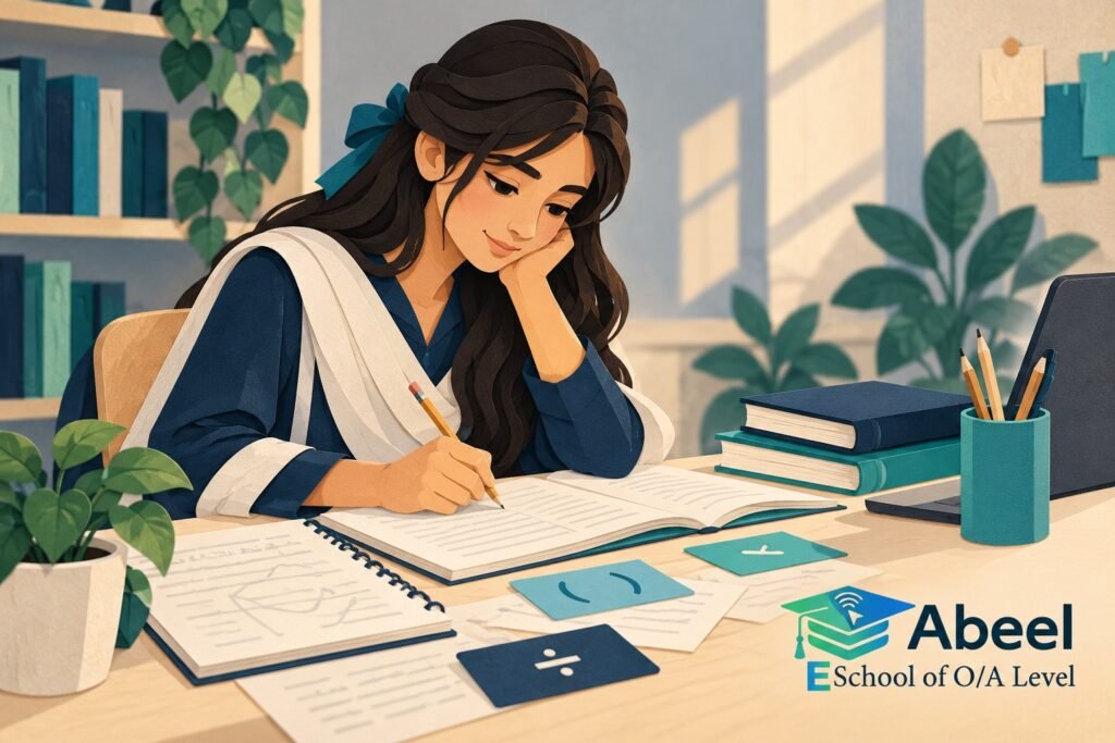 Paper-cut study illustration accompanying O Level to AS Maths bridge in Loralai: Check Algebra Before Increasing the Difficulty