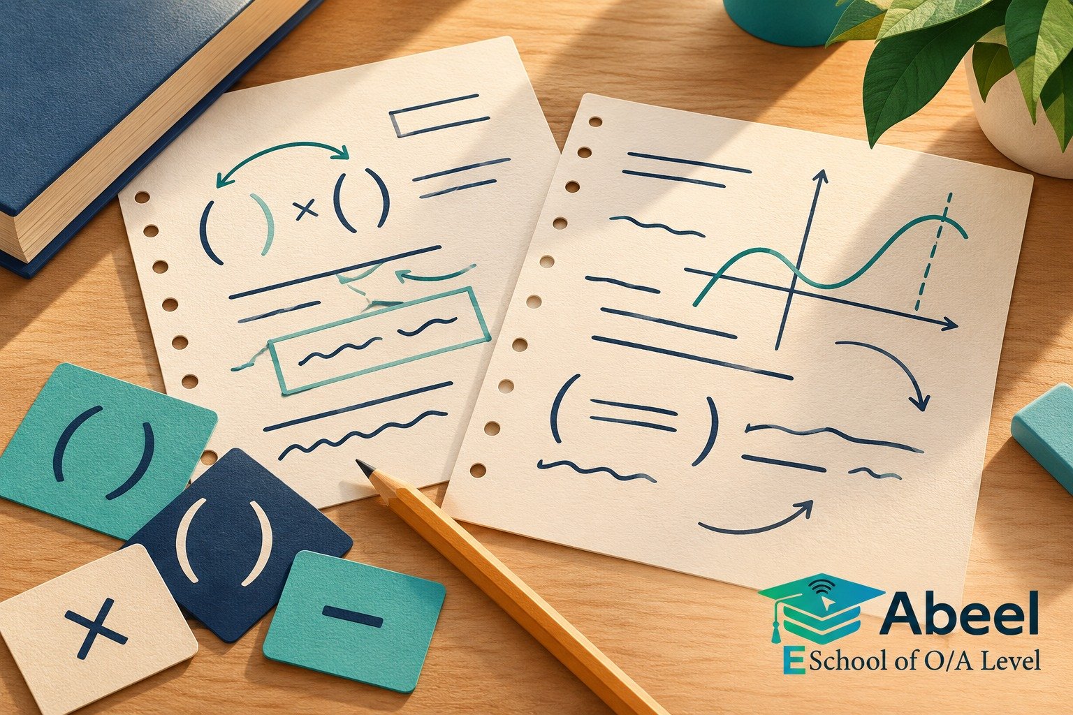 Paper-cut study illustration accompanying O Level to AS Maths bridge in Loralai: Check Algebra Before Increasing the Difficulty