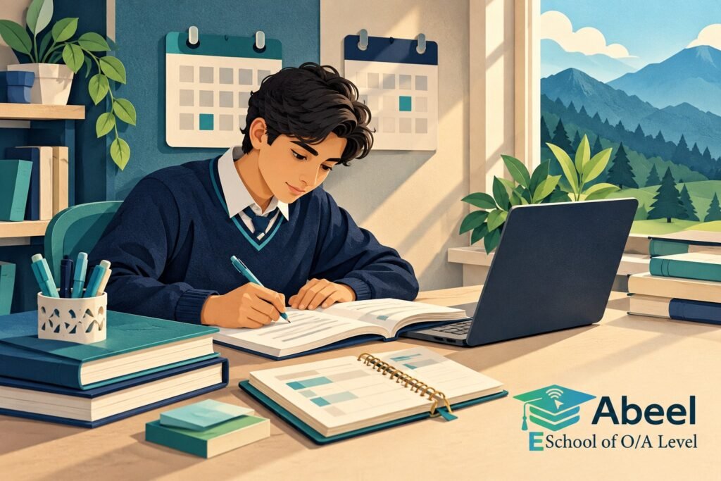 Paper-cut study illustration accompanying O and A Level exam sessions in Rawalakot: Choose an Exam Session from Evidence of Readiness