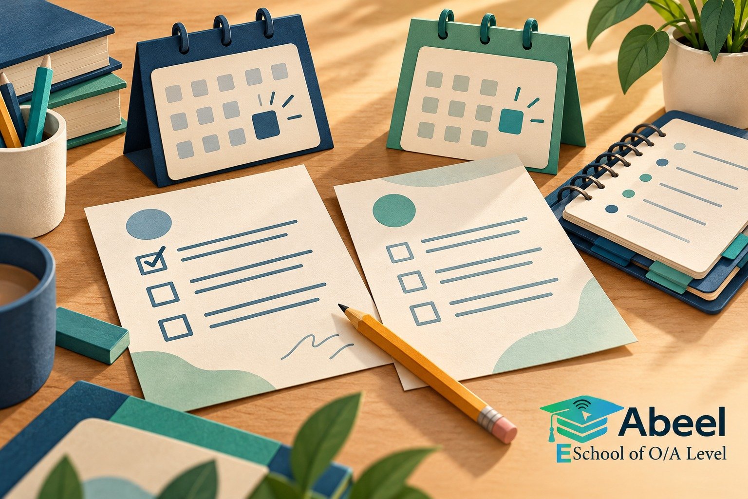 Paper-cut study illustration accompanying O and A Level exam sessions in Rawalakot: Choose an Exam Session from Evidence of Readiness