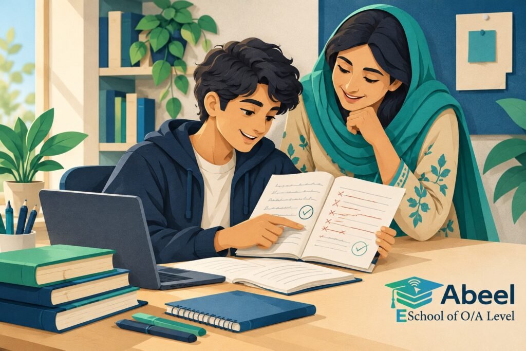 Paper-cut study illustration accompanying Weekly study progress reviews in Bagh: Show Evidence in a Weekly Parent Review