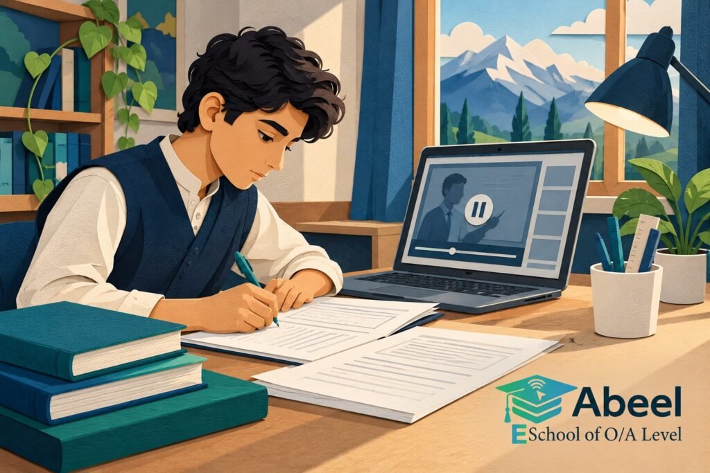 Paper-cut study illustration accompanying Recorded O and A Level lesson practice in Gilgit: Pause a Recording at the Decision You Need to Learn