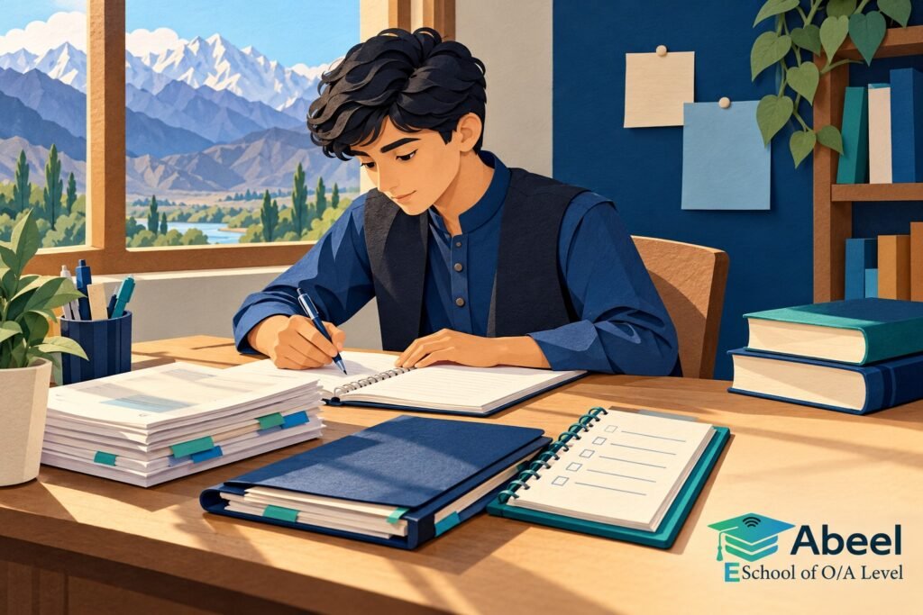 Paper-cut study illustration accompanying Offline O and A Level study planning in Gahkuch: Build an Offline Pack with a Clear Return Task
