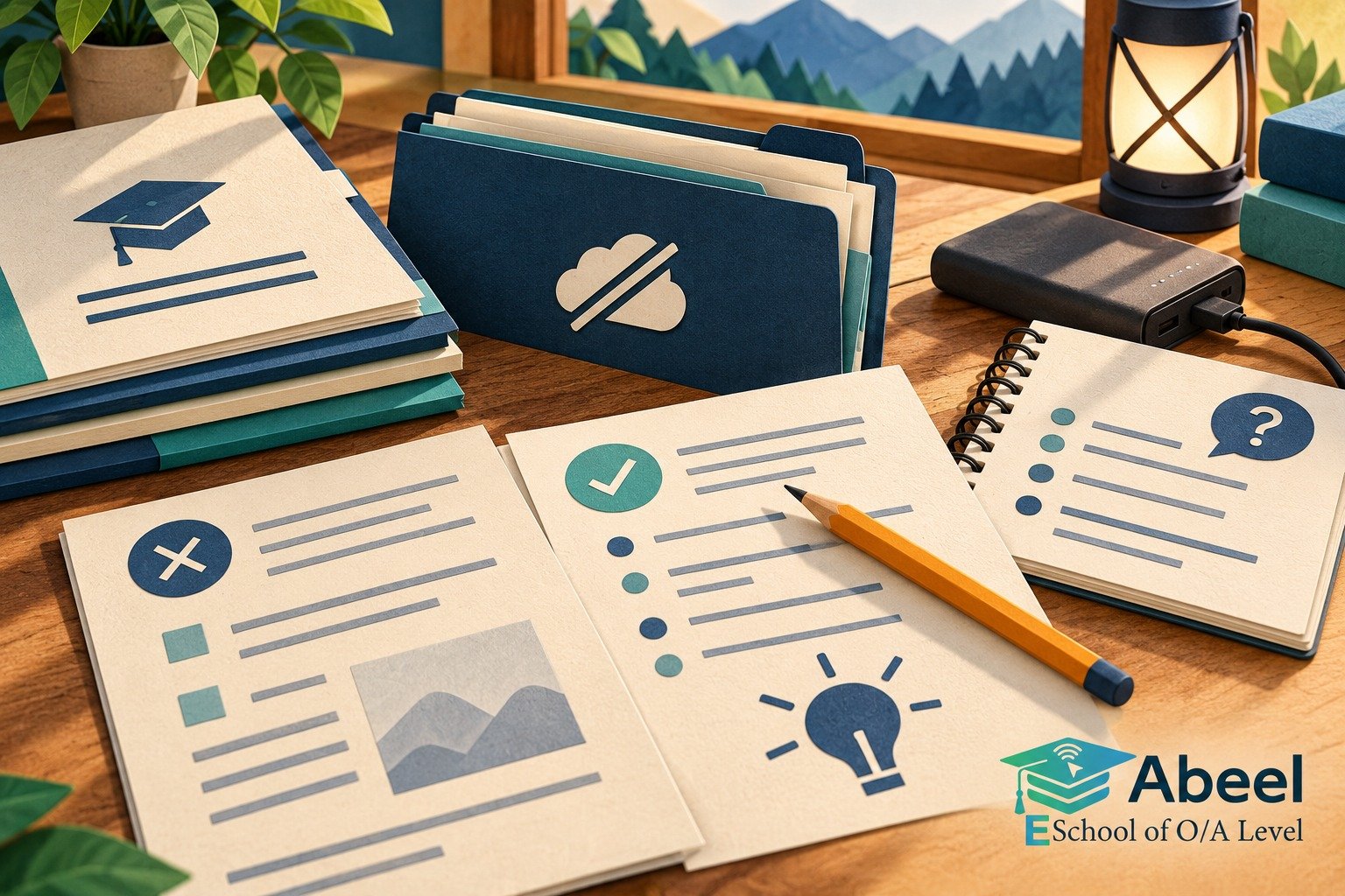 Paper-cut study illustration accompanying Offline O and A Level study planning in Gahkuch: Build an Offline Pack with a Clear Return Task